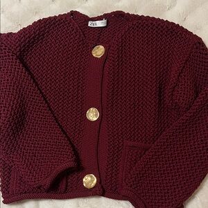 Zara Burgundy Cardigan with Gold Accents